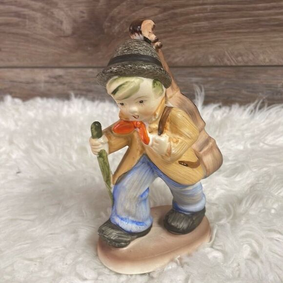 Figurine The Fiddler Boy Walking with Cello on Back Porcelain Handpainted 6” - Picture 1 of 8